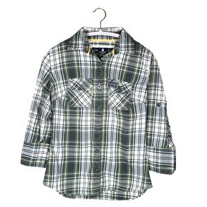 Superdry Women Plaid 3/4 Sleeve Button‎ Down Shirt Green Cabincore Hiking Medium
